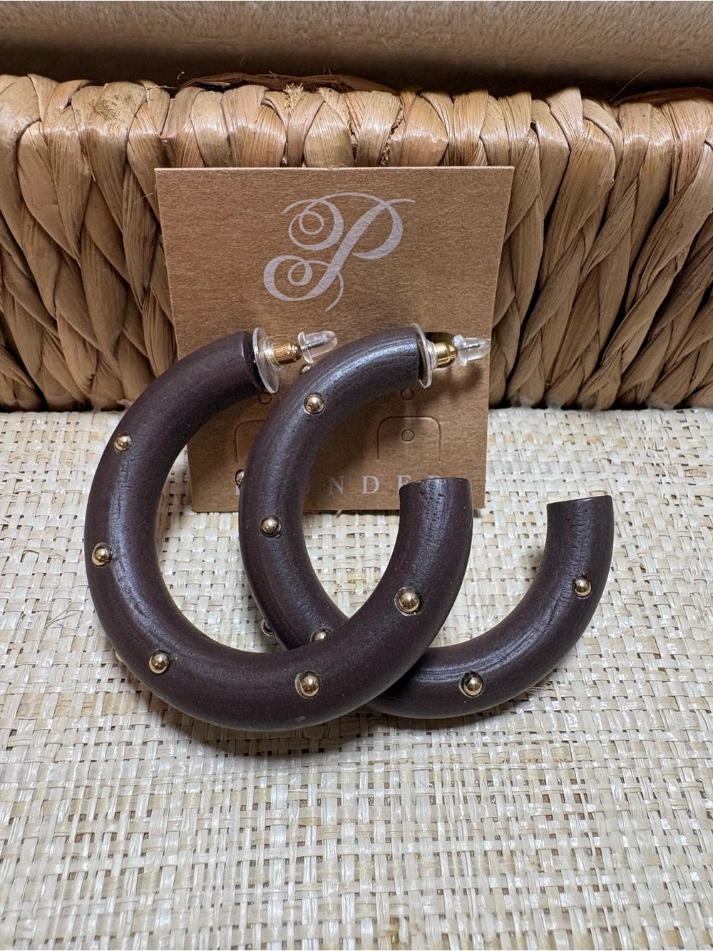 Plunder Brown Wooden Hoop Earrings With Gold stud Accents